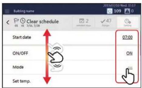 Building name Clear schedule Start date ON/OFF Mode Set temp. 2 47 ON 07:00 ON