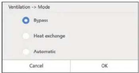 Ventilation -> Mode Bypass Heat exchange Automatic Cancel OK
