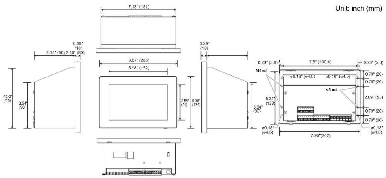 Unit: inch (mm) 7.13" (181) 0.39" (10) 3.15" (80) 3.15" (80) 4.53" (115) 3.54" (90) 8.07" (205) 5.98" (152) 0.39" (10) 3.58" (91) 5.35" (136) 3.54" (90) 0.23" (5.8) 7.5" (190.4) 0.23" (5.8) M3 nut ø0.18" (ø4.5)ø0.18" (ø4.5) 0.79" (20) 0.79" (20) M3 nut 2.09" (53) ø0.18" (ø4.5) 7.95"(202)