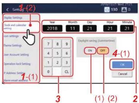1-(2) Replay Settings Clock and calendar setting Icon settings Theme Settings User Account Setting Operation Lock Setting P Address Setting Alarm email address Year Month Day Hour Minute 2018 11 21 21 21 7 8 9 4 5 6 1 2 3 0 CL Daylight-saving (minutes) ON OFF 4-(1) OK Cancel 1-(1) 3 (1) (2) 2
