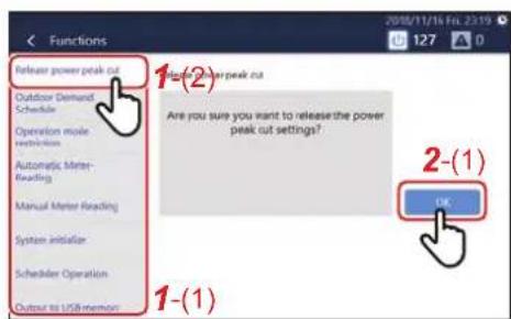 Functions Refraser power peak cut Outdoor Demand Schedule Operation mode restriction Automatic Meter-Reading Manual Meter Reading System initiator Scheduler Operation Output to USB memory 1=(2) Are you sure you want to release the power peak cut settings? 2-(1) OK 1-(1)