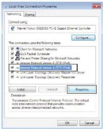 Local Area Connection Properties Networking Sharing Connect using: Marvell Yukon 986B050 PCI-E Gigabit Ethernet Controller Configure... The connection uses the following terms: ✓ Client for Microsoft Networks ✓ GPS Packet Scheduler ✓ PCIe and Printer Sharing for Microsoft Networks ✓ Internet Protocol Version 4 (TCP/IPv3) ✓ Internet Protocol Version 4 TCP/IPv3 ✓ Link-Layer Topology Discovery Mapping I/O Driver ✓ Link-Layer Topology Discovery Responder Install Install Properties Description Transmission Control Protocol/Internet Protocol. The default wide area network protocol that provides communication across diverse interconnected networks. OK Cancel
