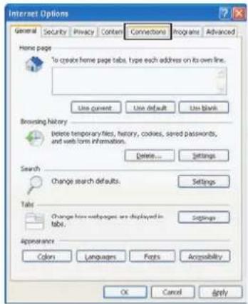 Internet Options General Security Privacy Contin Connections Programs Advanced Home page To create home page tabs, type each address on its own line. Use current Use default Use blank Browsing history delete temporary files, history, codes, stored passwords, and web form information. Delete... Settings Search Change search defaults. Settings Tab: Change how each pages are displayed in tabs. Settings Appearance Colors Languages Fonts Accountability OK Cancel Apply