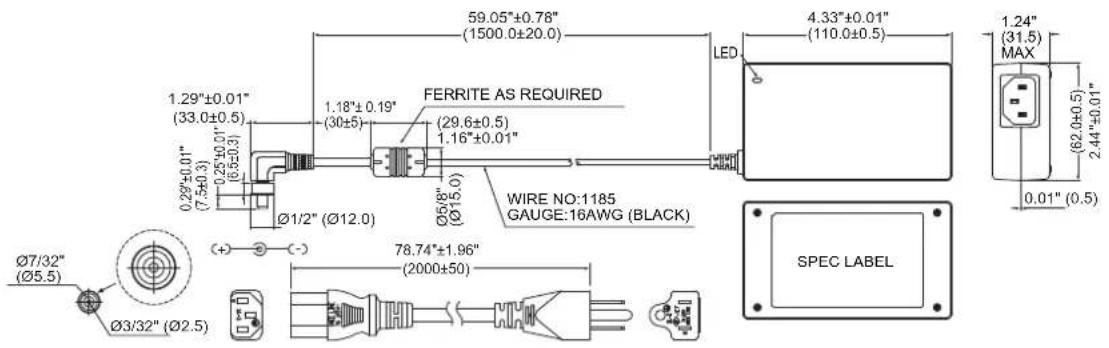 59.05"±0.78" (1500.0±20.0) 1.29"±0.01" (33.0±0.5) 1.18"±0.19" (30±5) FERRITE AS REQUIRED (29.6±0.5) 1.16"±0.01" Ø5/8" (Ø15.0) WIRE NO:1185 GAUGE:16AWG (BLACK) LED 4.33"±0.01" (110.0±0.5) 1.24" (31.5) MAX (62.0±0.5) 2.44"±0.01" 0.01" (0.5) Ø7/32" (Ø5.5) Ø3/32" (Ø2.5) 78.74"±1.96" (2000±50) SPEC LABEL