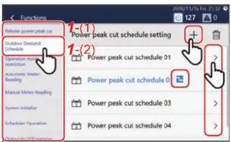 Functions Relate power peak cut Outdoor Demand Schedule Operation mode: restriction Automatic Meter Reading Manual Meter Reading System Initiative SchoolAfter Operation 1-(1) Power peak cut schedule setting 1-(2) Power peak cut schedule 01 Power peak cut schedule 03 Power peak cut schedule 04 127 0 + > > > >
