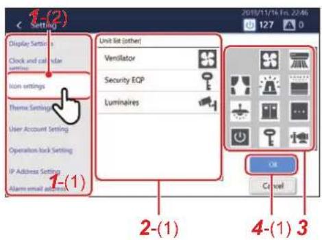 1-(2) Display Settings Clock and calendar setting Icon settings Theme Settings User Account Setting Operation Lock Setting IP Address Setting Alarm email address Unit list (other) Vensilator Security EQP Luminaires 2-(1) 4-(1) 3 OK Cancel