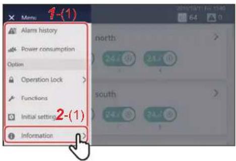Menu 1-(1) Alarm history Power consumption Option Operation Lock > Functions Initial setting 2-(1) Information north: 24.0 24.0 south: 24.0 24.0