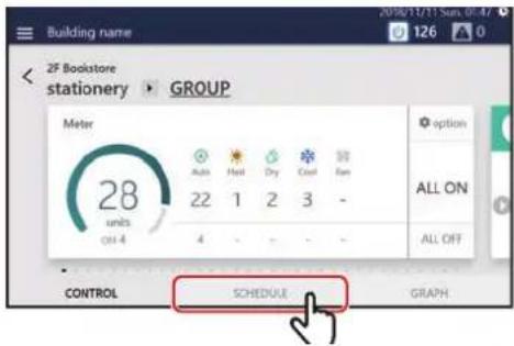 Building name 2F Bookstore stationery GROUP Meter 28 units oil 4 Auto Heat Dry Cool Sun 22 1 2 3 - 4 - - - - CONTROL SCHEDULE GRAPH