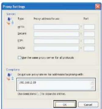 Proxy Settings Switch Type Proxy address to use Rart HTTP SAGN EPI SGP □ Use the same proxy server for all protocols Exptone Do not use proxy server for addresses beginning with: 192.368.2.30 Use slowdowns ( ) The separate engines. OK Cancel