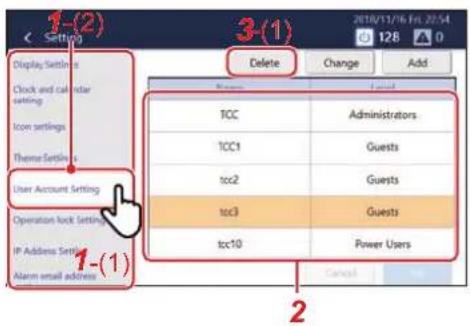 1-(2) Display Settings Clock and calendar setting Icon settings Theme Settings User Account Setting Operation lock Settings IP Address Settings Alarm email address 3-(1) Delete Change Add TCC Administrators TCC1 Guests tcc2 Guests tcc3 Guests tcc10 Power Users Cancel 1-(1) 2
