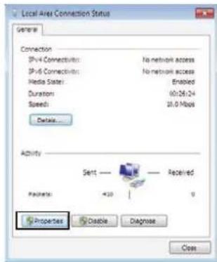 Local Area Connection Status General Connection SP-4 Connectives: No network access SP-6 Connectives: No network access Media Sister: Enabled Duration: 00:26/24 Speed: 31.0 Mbps Details... Activity Sent —— Received Patients: <20 | 0 Properties ☑ Enable ☐ Diagnose Close
