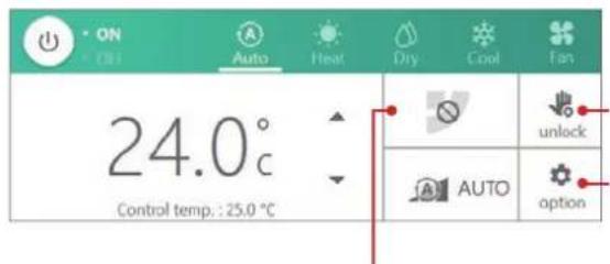 ON 24.0°C Control temp.: 25.0 °C Auto Heat Dry Cool Fan unlock AUTO option
