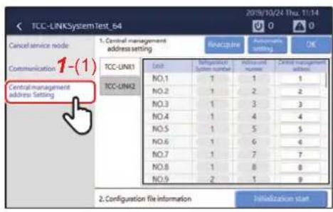 TCC-UNKSystem text_64 Cancel service node Communication 1-(1) Central management address setting 1. Control management address setting Reconfigure Configuration setting OK TCC-UNK1 TCC-UNK2 Unit NO.1 NO.2 NO.3 NO.4 NO.5 NO.6 NO.7 NO.8 NO.9 Reconfiguration System number No.1 1 1 2 3 4 5 6 7 8 9 Initialization start