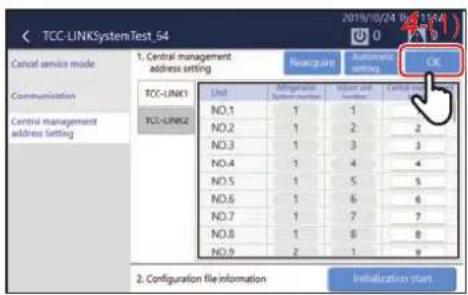 TCC-LINKSystemTest_64 Cancel services mode Communication Central management address setting 1. Central management address setting Newspaper Automated setting OK TCC-LINK1 TCC-LINK2 Unit NO.1 NO.2 NO.3 NO.4 NO.5 NO.6 NO.7 NO.8 NO.9 Configuration file information Initialization start