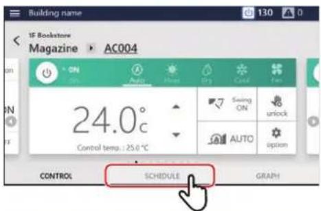 Building name IF Bookstore Magazine ▶ AC004 24.0° Control temp.: 25.0 °C CONTROL SCHEDULE GRAPH