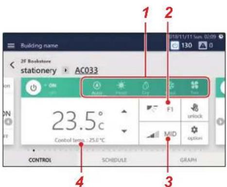Building name 2F Bookstore stationery AC033 1 2 18/11/11 Sun. 02/09 130 ON OFF Control temp: -25.0 °C CONTROL SCHEDULE GRAPH F1 unlock MID option
