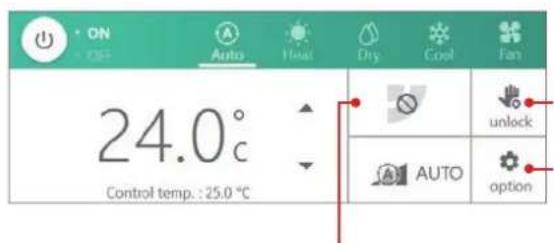 ON Auto Heat Dry Cool Fan 24.0° Control temp.: 25.0 °C unlock AUTO option
