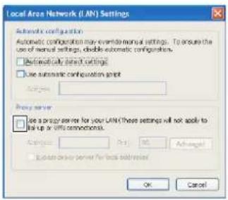Local Area Network (LAN) Settings Automatic configuration Automatic configuration may override manual settings. To ensure the use of manual settings, double automatic configurations. Automatically select settings Use automatic configuration script Assign: Proxy server Use a proxy server for your LAN (these settings will not apply to Iul up or Uffc comms). Assign: Buy Add Cancel Auto drive server for basic addressor OK Cancel