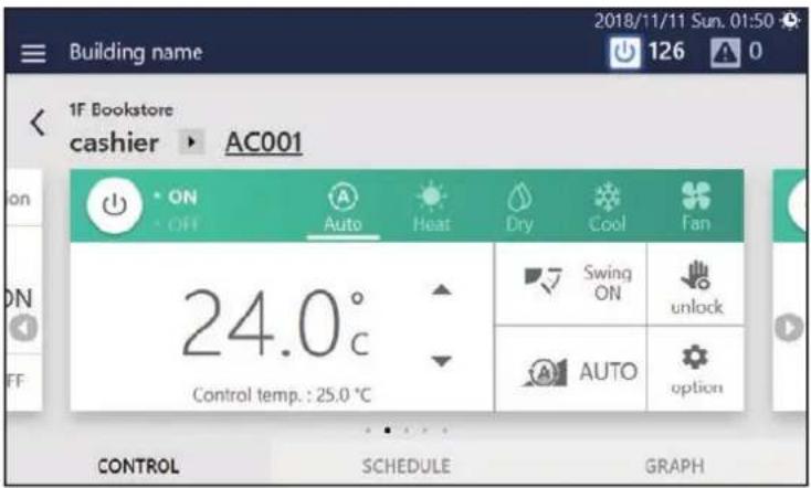 Building name 2018/11/11 Sun. 01:50 1F Bookstore cashier ▶ AC001 ON ON Auto Heat Dry Cool Fan 24.0°C Control temp.: 25.0 °C Swing ON unlock AUTO option CONTROL SCHEDULE GRAPH