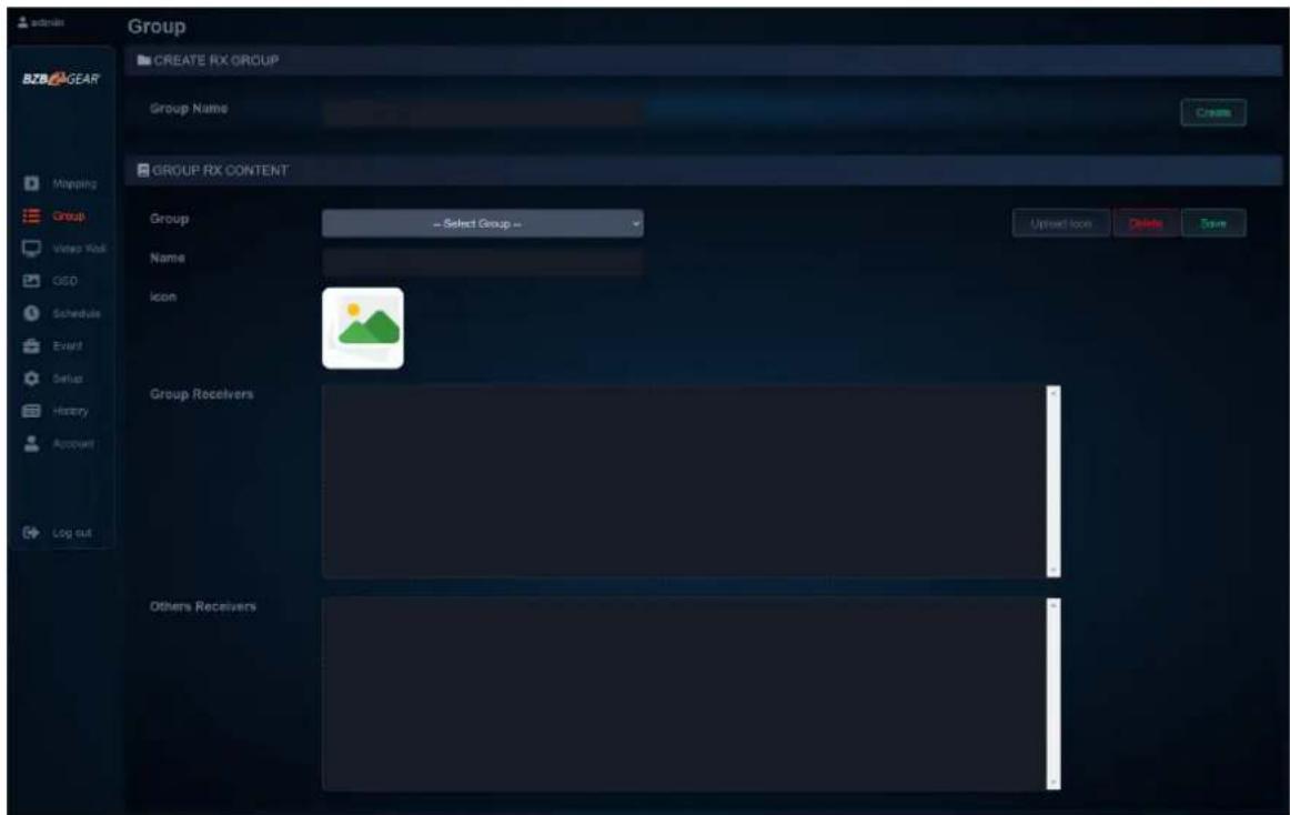 admin GROUP CREATE RX GROUP Group Name Create GROUP RX CONTENT Group Select Group Name Icon Group Recelvers Others Recelvers Upload Icon Delete Save