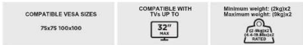 COMPATIBLE VESA SIZES 75x75 100x100 COMPATIBLE WITH TVs UP TO 32" MAX Minimum weight: (2kg)x2 Maximum weight: (9kg)x2 (2-8kg)x2 (4.4-39.8lbs)x2 RATED