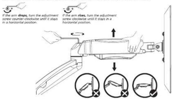 If the arm drops, turn the adjustment screw counter-clockwise until it stays in a horizontal position. If the arm rises, turn the adjustment screw clockwise until it stays in a horizontal position.