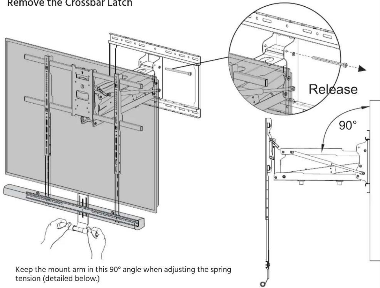 Remove the Crossbar Latch Release 90° Keep the mount arm in this 90° angle when adjusting the spring tension (detailed below.)