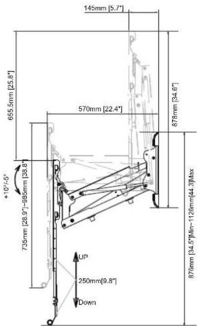 145mm [5.7"] 655.5mm [25.8"] 570mm [22.4"] 878mm [34.6"] +10°/-5° 735mm [28.9]~985mm [38.8] 876mm [34.57]Min-1120mm[44.3]Max UP 250mm[9.8"] Down