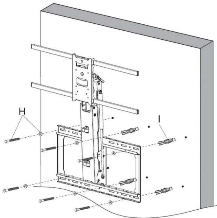 Technical diagram of a device with labeled components H and I, showing internal structure and assembly lines.