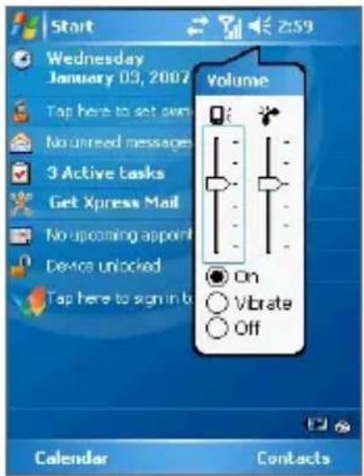 Start Wednesday January 03, 2007 Tap here to set own No unread messages 3 Active tasks Get Xpress Mail No upcoming appoint Device unlocked Tap here to sign in b Volume On Vibrate Off Calendar Contacts