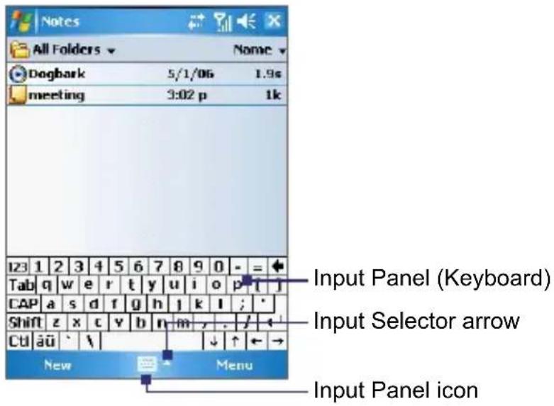Notes All Folders Dogbark 5/1/06 meeting 3:02 p 1.9s 1k Input Panel (Keyboard) Input Selector arrow Cbl aü New Menu Input Panel icon