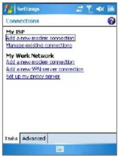 Settings Connections My ISP Add a new modem connection Manage existing connections My Work Network Add a new modem connection Add a new VPN server connection Set up my proxy server Tasks Advanced
