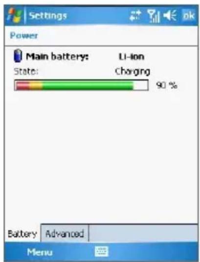 Settings Power Main battery: Li-Ion State: Charging 90 % Battery Advanced Menu