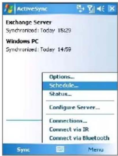 ActiveSync Exchange Server Synchronized: Today 15:29 Windows PC Synchronized: Today 14:59 Options... Schedule... Status... Configure Server... Connections... Connect via IR Connect via Bluetooth Sync Menu