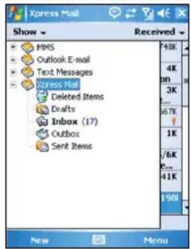 Xpress Mail Show Received MMS Outlook E-mail Text Messages Xpress Mail Deleted Items Drafts Inbox (17) Outbox Send Items 48K 4K On 3K ... 67K 1K /6K ... 41K 198I New Menu