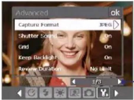Advanced Capture Format JPEG Shutter Sound Grid Keep Backlight Review Duration On On On No Limit 1/3