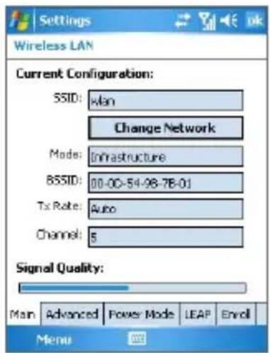 Settings Wireless LAN Current Configuration: SSID: wlan Change Network Mode: Infrastructure 855ID: 00-00-54-98-78-01 Tx Rate: Auto Channel: 5 Signal Quality: Main Advanced Power Mode LEAP Enroll Menu