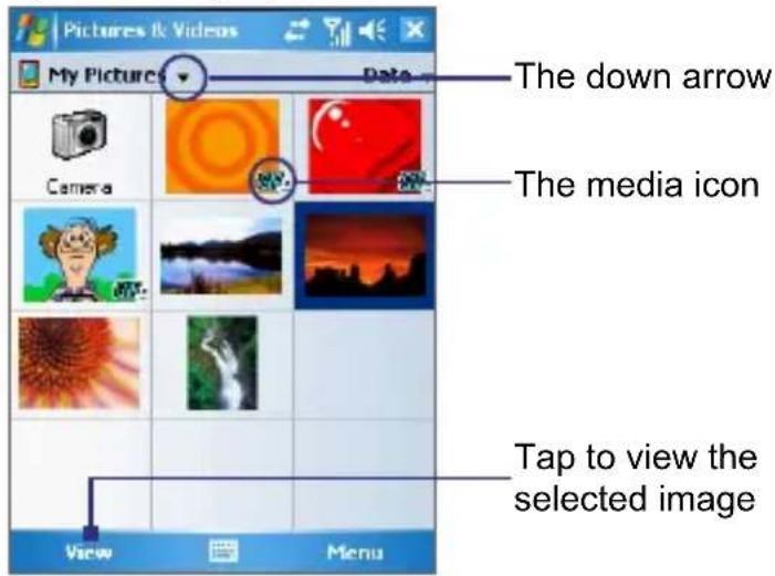 Pictures & Videos My Pictures Date The down arrow Camera The media icon Tap to view the selected image View Menu