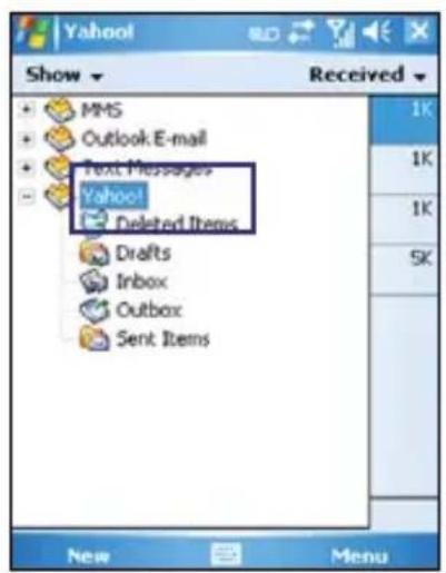 Yahool Show Received MMS Outlook E-mail Text Messages Yahoo! Deleted Items Drafts Inbox Outbox Sent Items New Menu