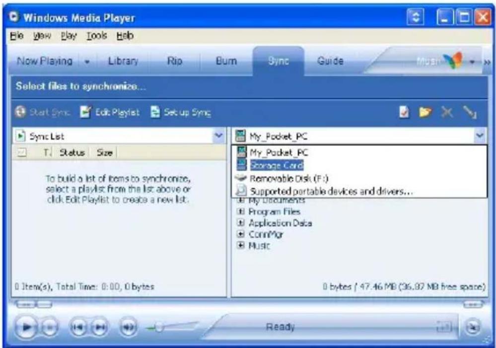 Windows Media Player File View Play Tools Help Now Playing Library Rip Burn Sync Guide Musn Select files to synchronize... Start Sync Edit Playlist Setup Sync Sync List T Status Size To build a list of items to synchronize, select a playlist from the list above or click Edit Playlist to create a new list. 0 Item(s), Total Time: 0:00, 0 bytes My_Pocket_PC My_Pocket_PC Storage Card Removable Disk (F:) Supported portable devices and drivers... My Documents Program Files Application Data CommMgr Music 0 bytes / 47.46 MB (36.97 MB free space) Ready