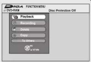 DIGA FUNCTION MENU DVD-RAM Disc Protection Off Playback Recording Delete Copy To Others 127.8%