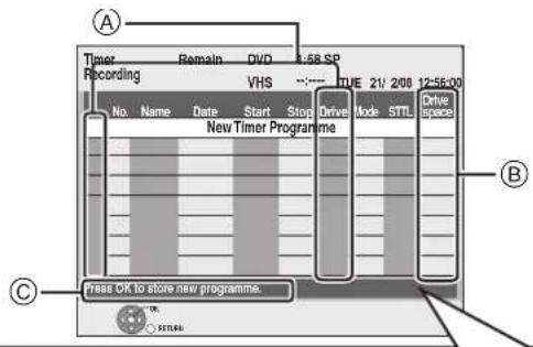 A Timing Recording VHS VUE 21/208 12:55:00 No. Name Date Start Stop Drive Mode STIL Drive New Timer Programme B C Press OK to store new programme. OK RETURN