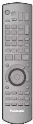 Front view of a Panasonic remote control with standard buttons and a central rotary knob (no text or symbols on the device itself)
