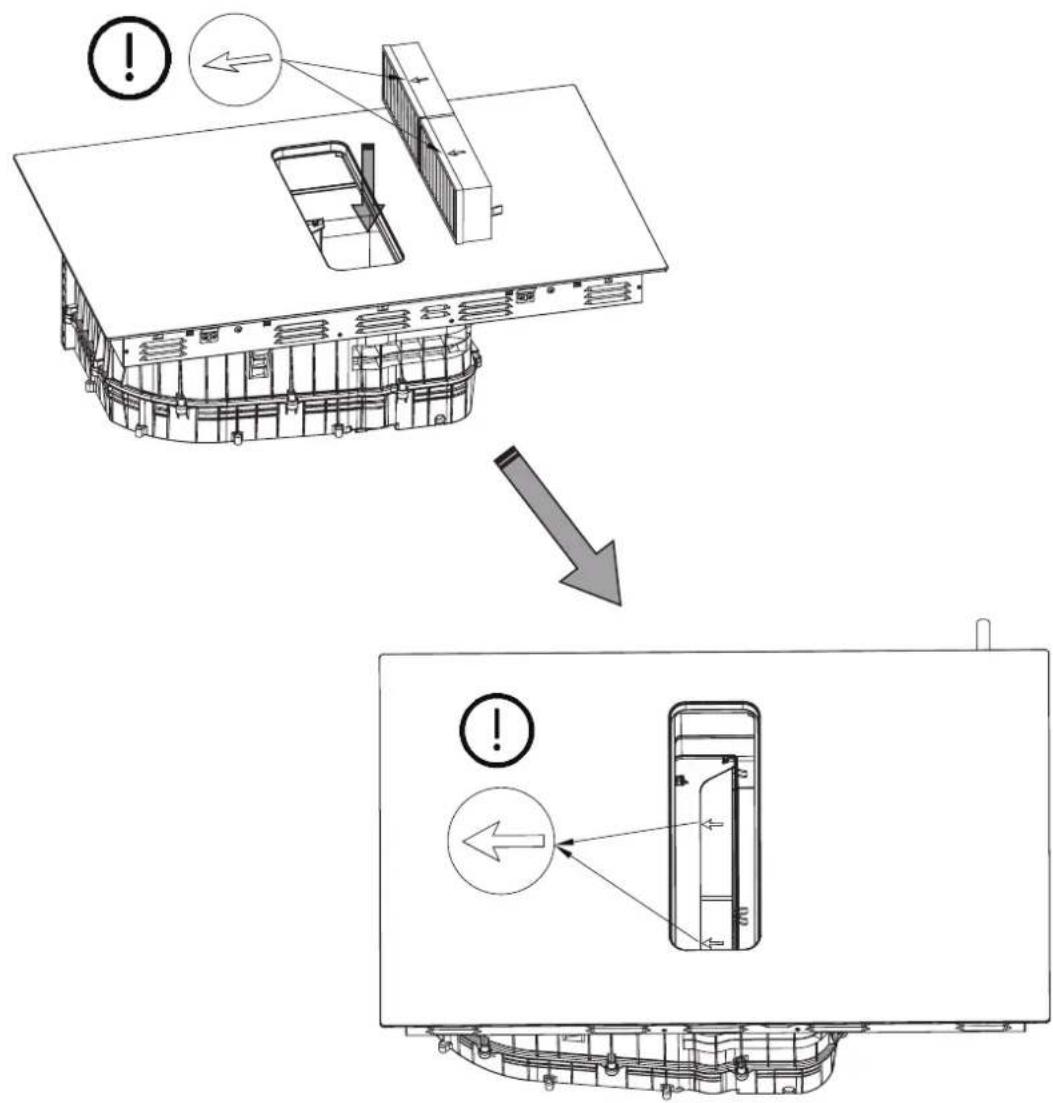 Technical diagram showing a device interior with warning indicators and component disassembly steps