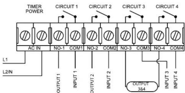 TIMER POWER CIRCUIT 1 CIRCUIT 2 CIRCUIT 3 CIRCUIT 4 AC IN NO-1 COM1 NO-2 COM2 NO-3 COM3 NO-4 COM4 L1 L2/N OUTPUT 1 INPUT 1 OUTPUT 2 INPUT 2 OUTPUT 3 INPUT 4 OUTPUT 3&4