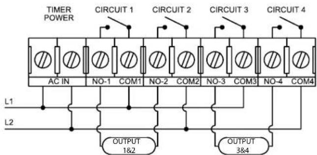 TIMER POWER CIRCUIT 1 CIRCUIT 2 CIRCUIT 3 CIRCUIT 4 AC IN NO-1 COM1 NO-2 COM2 NO-3 COM3 NO-4 COM4 L1 L2 OUTPUT 1&2 OUTPUT 3&4