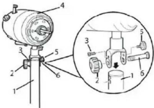 Technical diagram of a mechanical device with numbered components and an inset view showing internal parts with labeled parts 1 through 6.