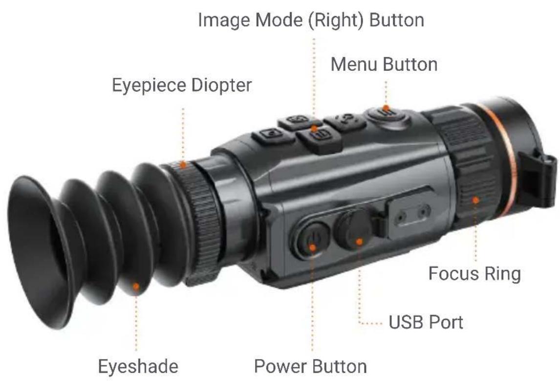 Image Mode (Right) Button Menu Button Eyepiece Diopter Focus Ring USB Port Power Button Eyeshade