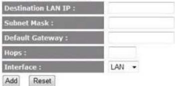 Destination LAN IP : Subnet Mask : Default Gateway : Hops : Interface : LAN Add Reset