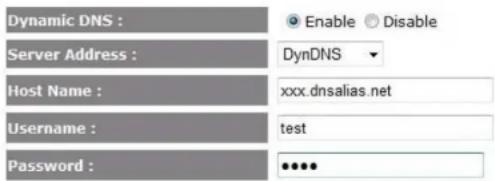 Dynamic DNS : Server Address : Host Name : Username : Password : Enable Disable DynDNS xxx.dnsalias.net test ●●●●
